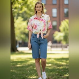 Madewell Ice-Dyed Tie Dye Button Shirt Embroidered Strawberry Top XL Cottagecore